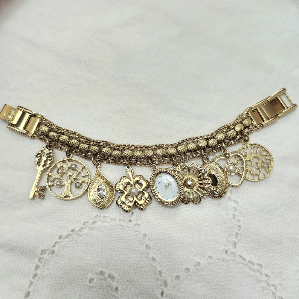 Anne Klein Gold Tone Charm Bracelet with Watch & Locket Charm Jingles